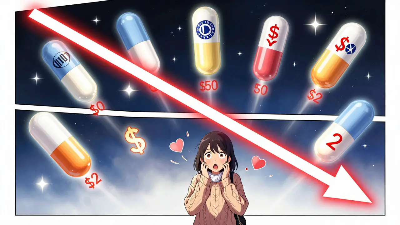 Colorful generic drug capsules falling with prices dropping from  to  in a manga-style price war.