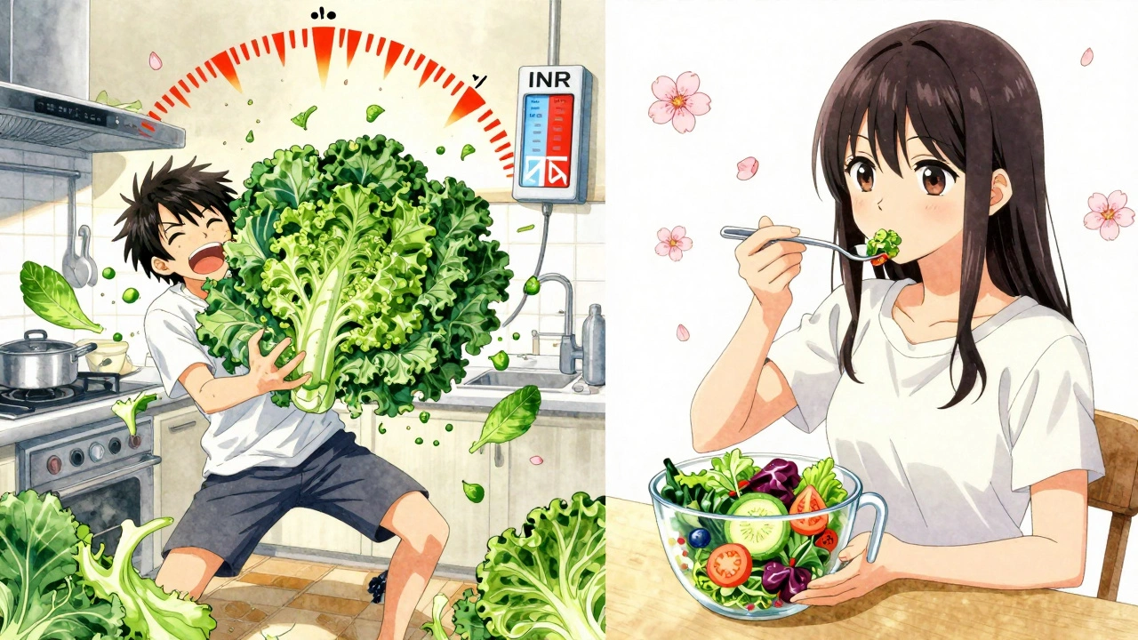 Contrasting scenes of chaotic vs. calm vitamin K intake, symbolizing INR stability through consistency.