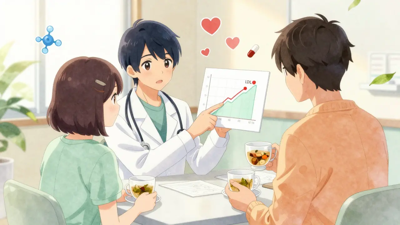 Doctor and patient reviewing glucose and cholesterol trends in a calm clinic setting.