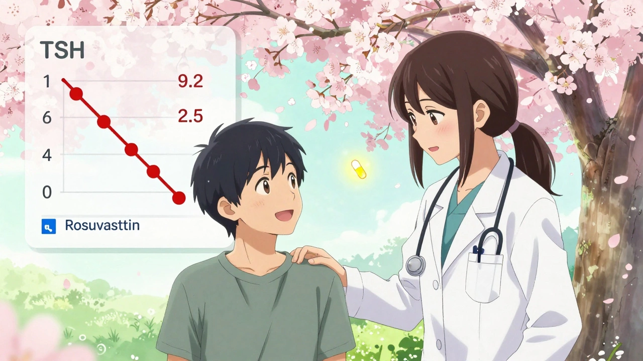Doctor and patient smiling under cherry blossoms, TSH levels dropping and safer statin pills floating in background in gentle anime style.