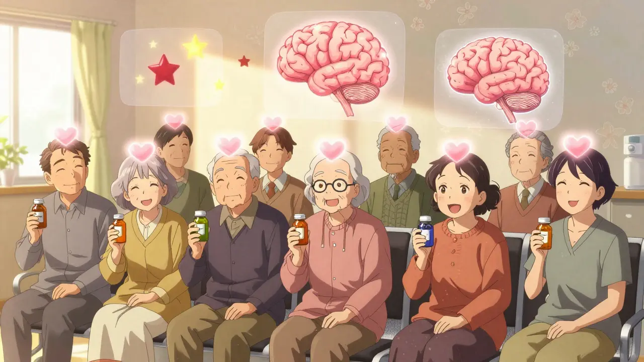 Elderly patients in a clinic with glowing heart auras, symbolizing protected brains from stroke.