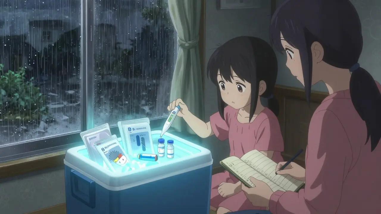 Family preparing a cooled portable storage unit for medications during a power outage.