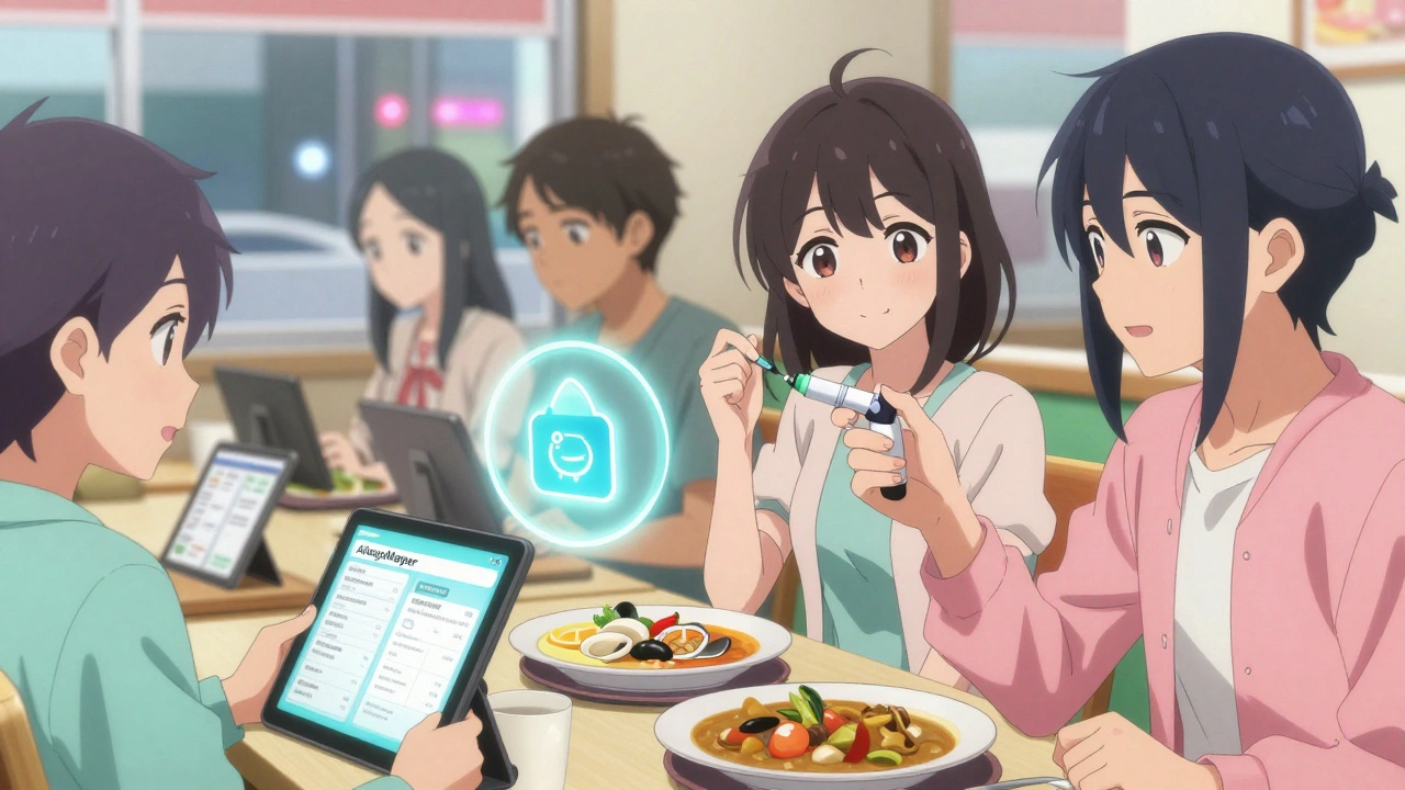 Friends dine safely at a chain restaurant with digital allergen tools, one using an epinephrine injector.