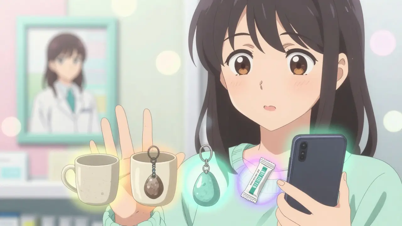 Hand touching five grounded objects with soft glowing halos during sensory grounding.