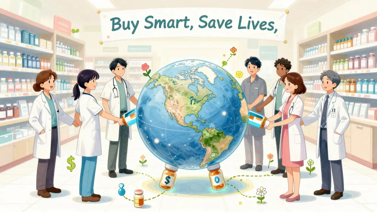 Healthcare workers holding hands around a globe made of pill bottles, representing collective savings.