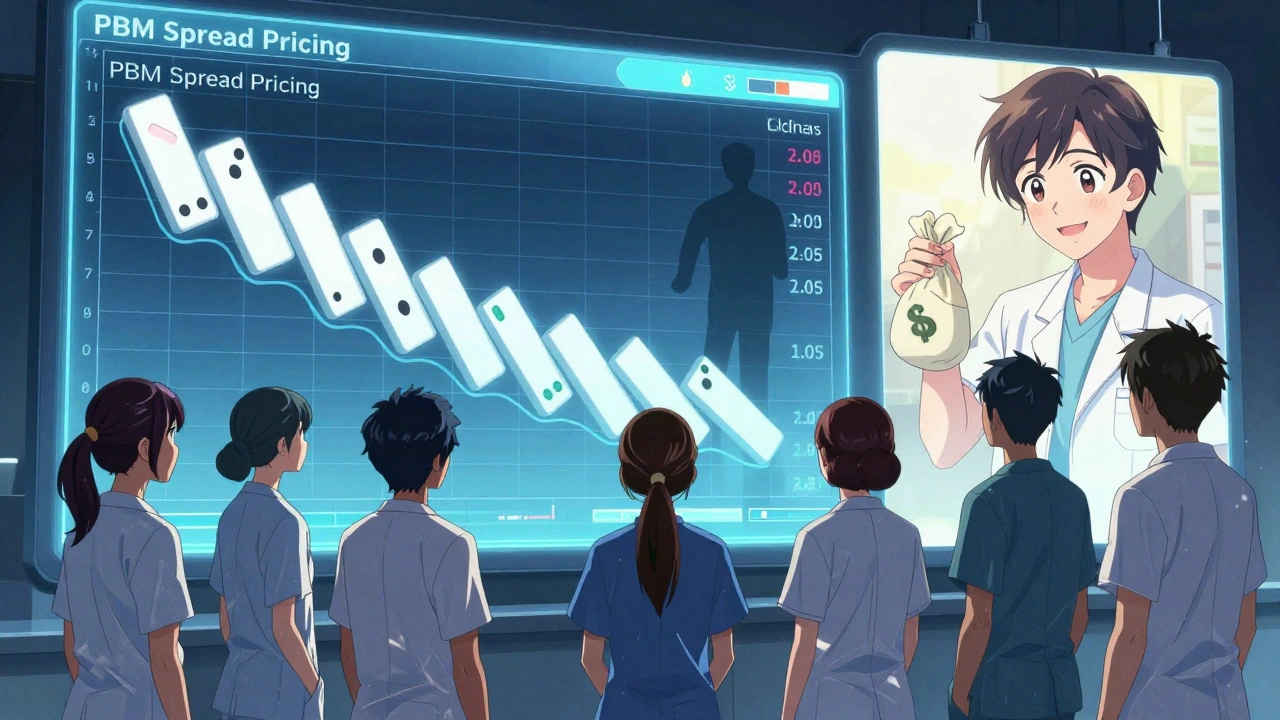 Healthcare workers watch as generic drug prices collapse on a glowing screen, with a shadowy PBM figure.