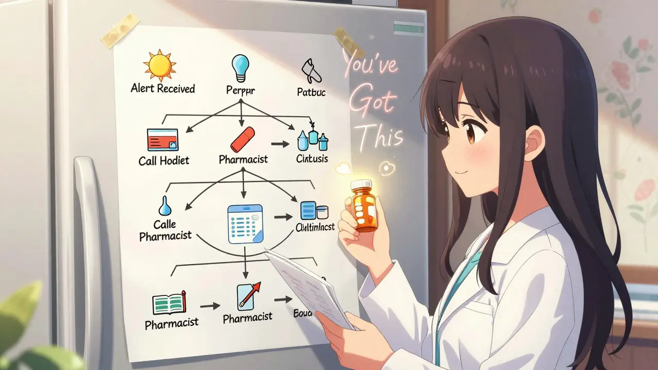 Laminated decision flowchart on fridge with pharmacist spirit guiding medication safety.