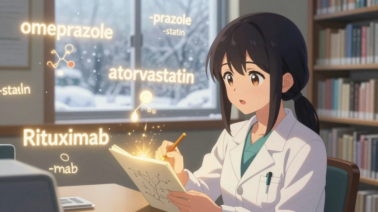 Medical student sketching drug stems that glow like magical runes in a library filled with floating drug names.