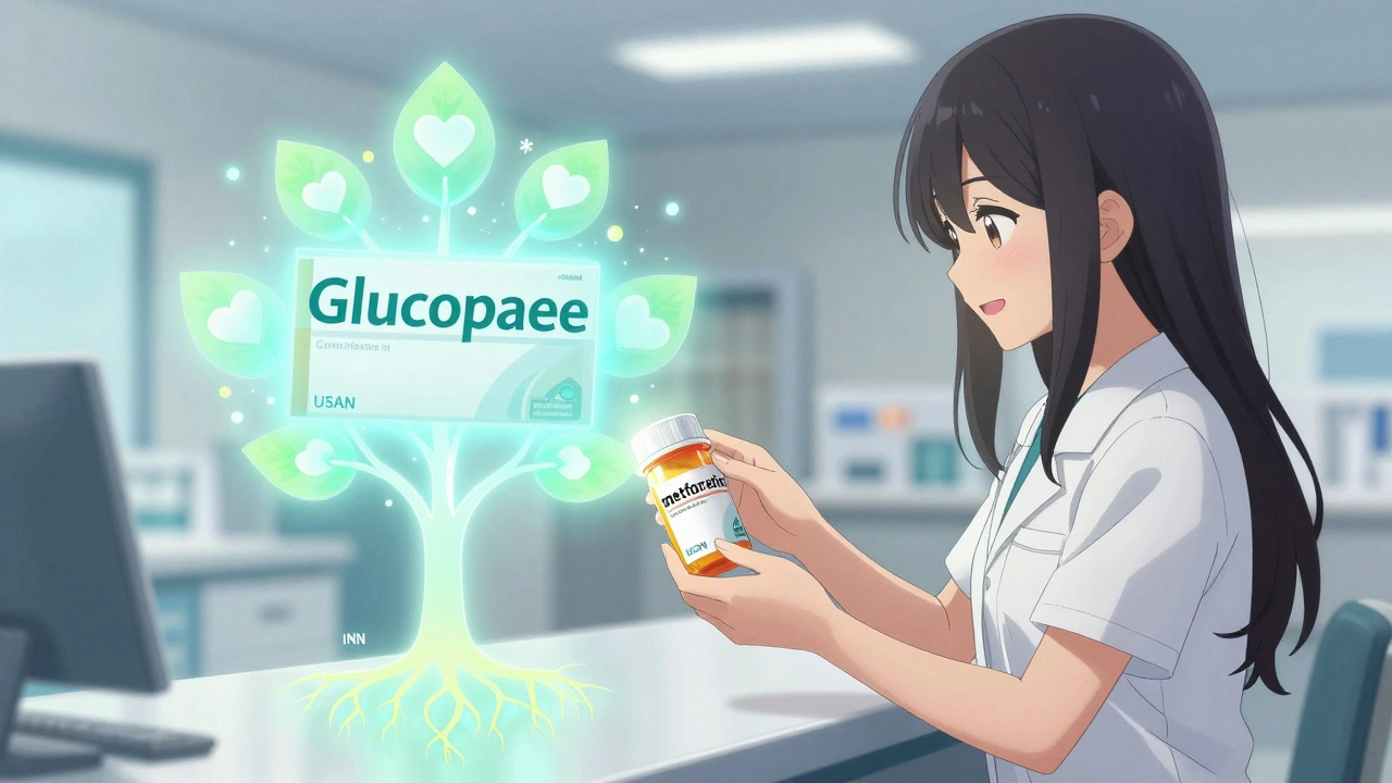 Patient and pharmacist beside a bottle with generic name, glowing tree of USAN and INN stems behind them.