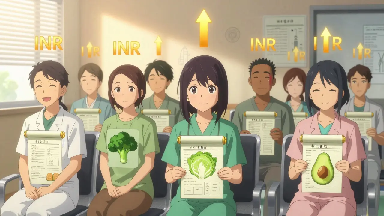 Patients in a clinic holding personalized meal plans with stable INR arrows above them.