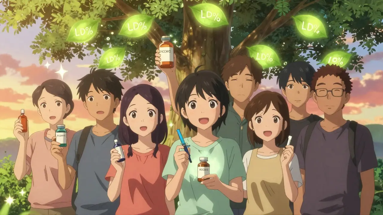 People holding non-statin meds under a tree with LDL-shaped leaves, glowing sunset, expressions of hope and relief.