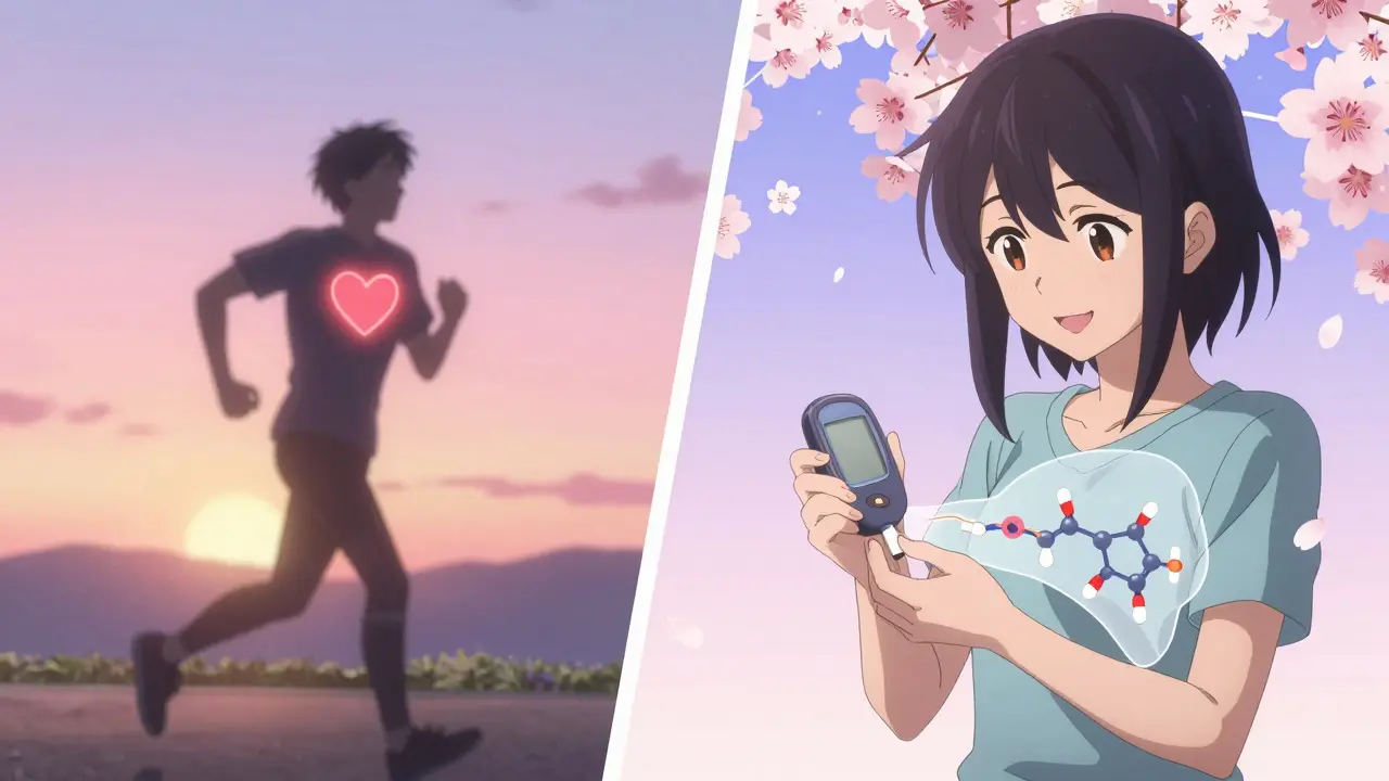 Person jogging at sunrise with heart and glucose meter symbols in a blossoming landscape.