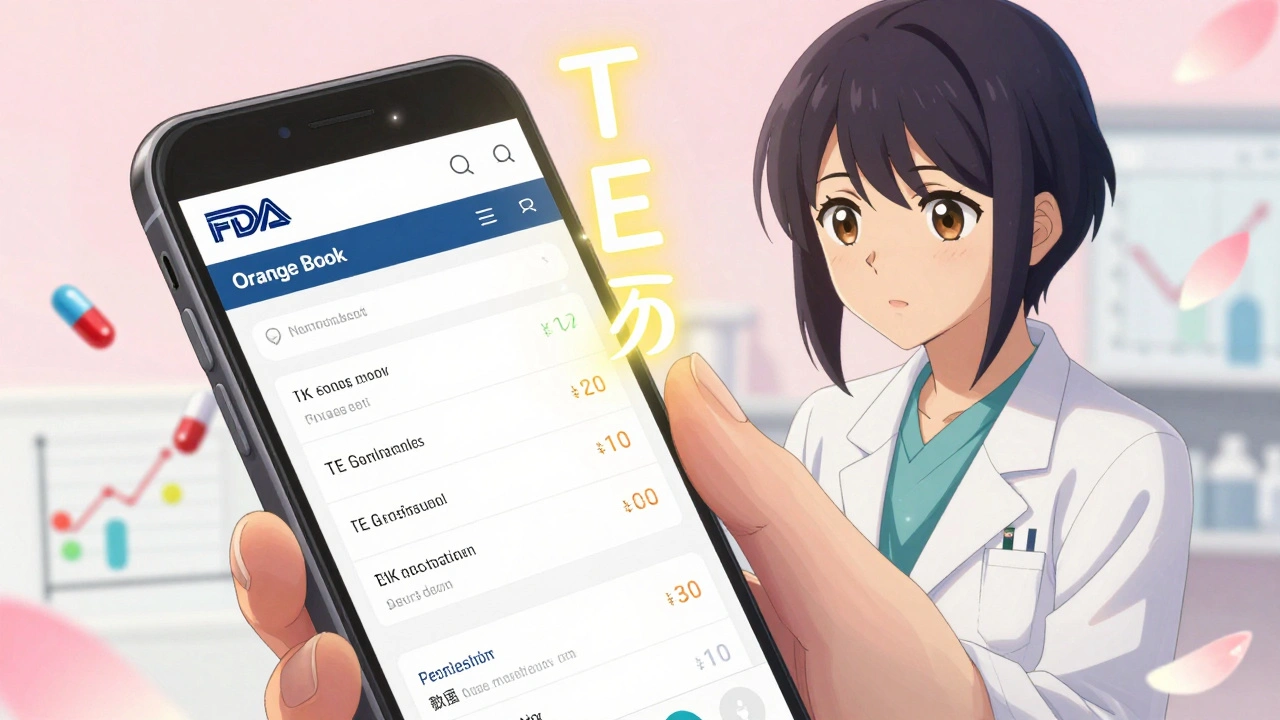 Pharmacy technician studies the FDA Orange Book website on a glowing phone, TE codes floating as kanji-like symbols.