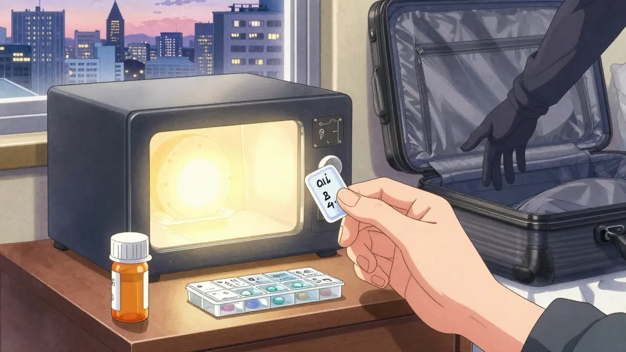 Pill organizer and original bottle beside a hotel safe, with a city skyline at dusk.