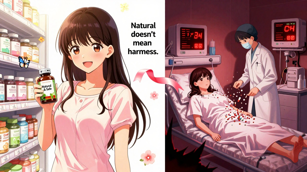 Split image: a woman smiling with herbal supplements on one side, hospitalized with medical alerts on the other.