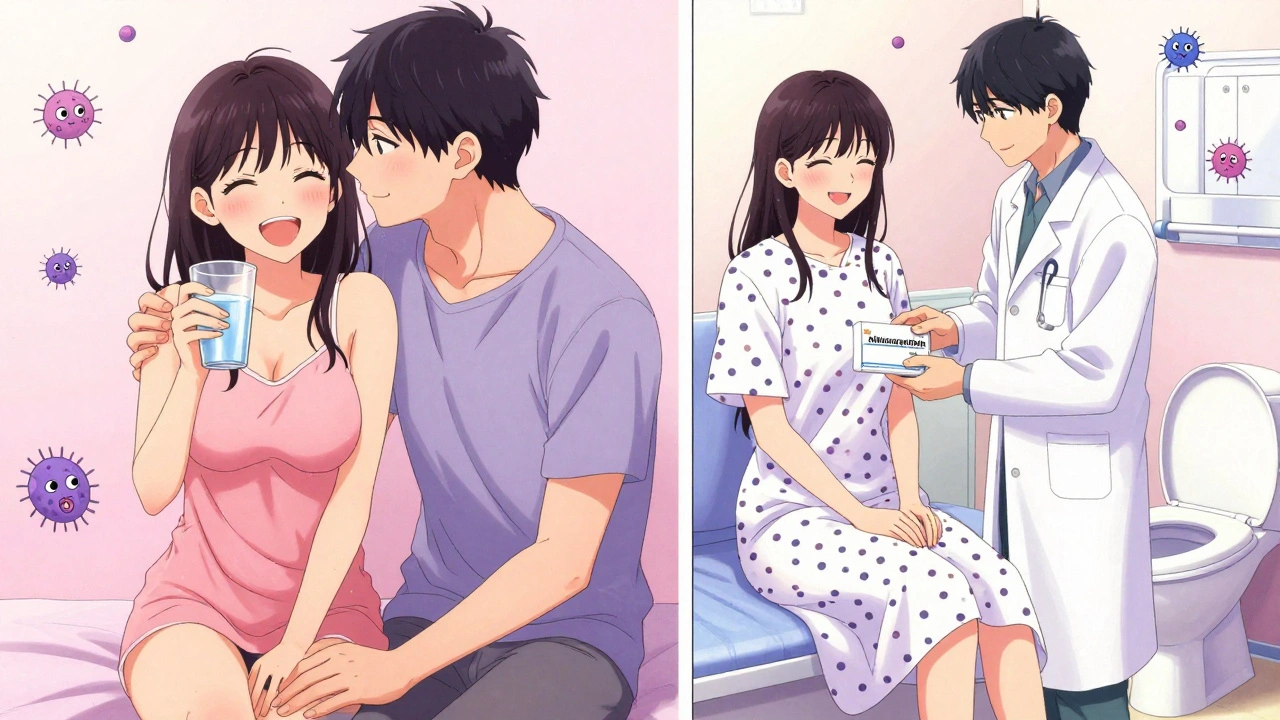 Split scene of a woman drinking water after sex and receiving a UTI prescription, with cute bacteria in the background.