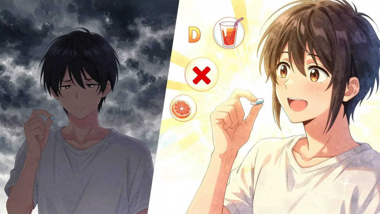 Split scene: person frowning with simvastatin vs. smiling with rosuvastatin, sunlight and floating symbols of causes like vitamin D.