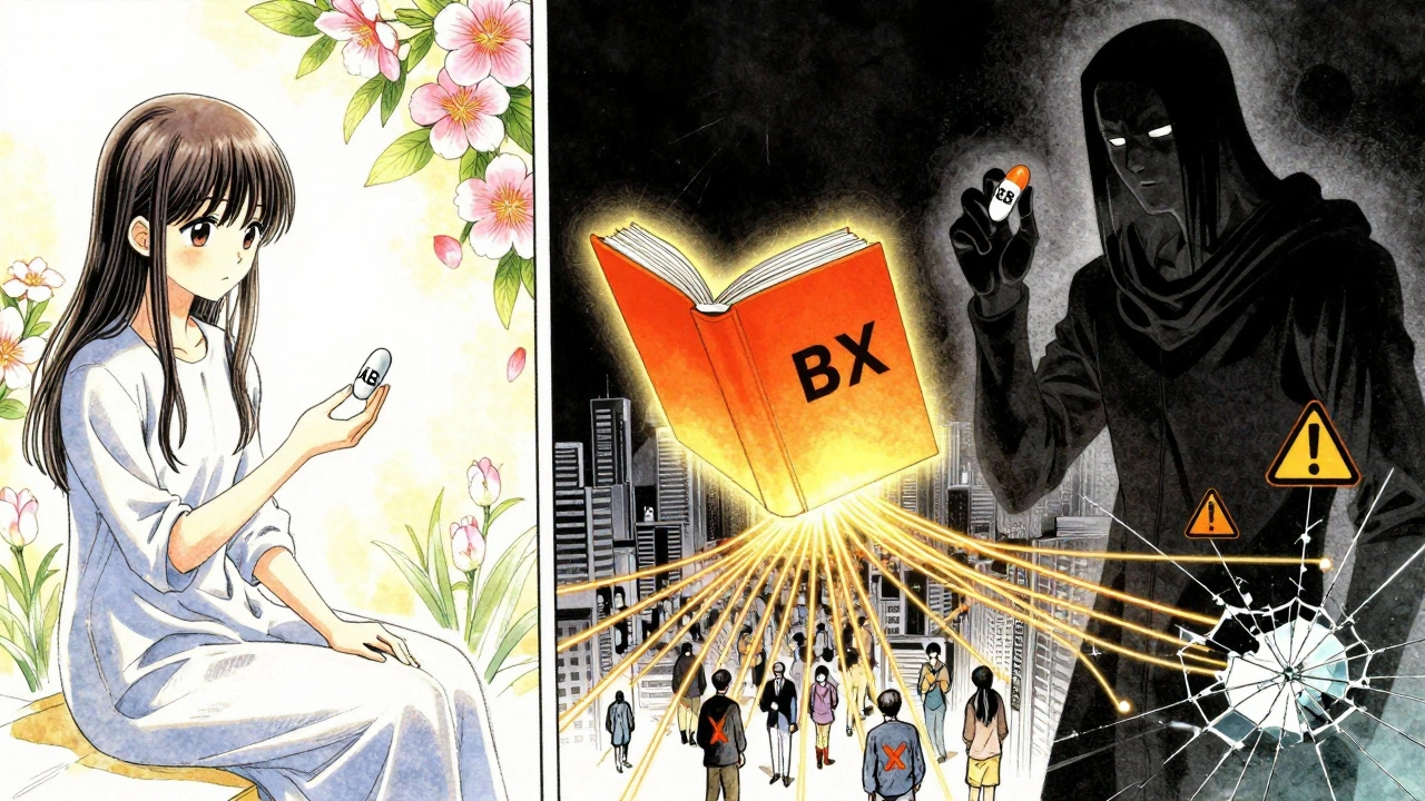 Split scene: safe generic pill with blooming flowers vs. risky one in shadow, connected by a glowing orange book.