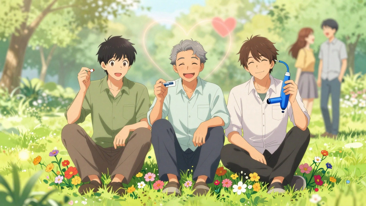 Three men in a park holding different ED treatments, surrounded by blooming flowers symbolizing renewed confidence.