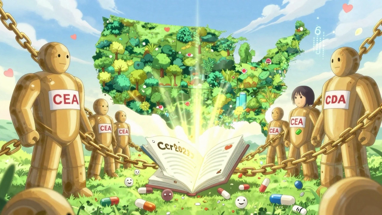 Tiny generic pills defeat giant brand-name drugs in a symbolic battle, freed by a radiant CEA journal.