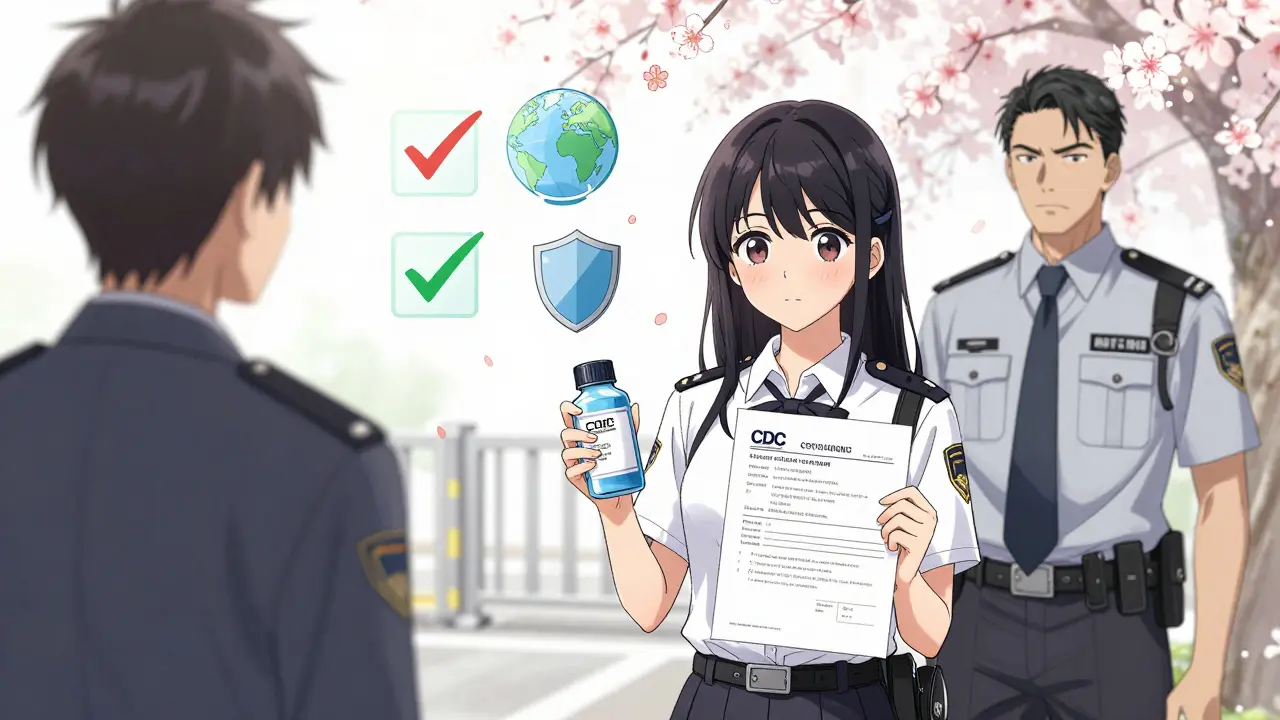 Traveler presenting prescription documents to a customs officer with symbolic icons floating nearby.