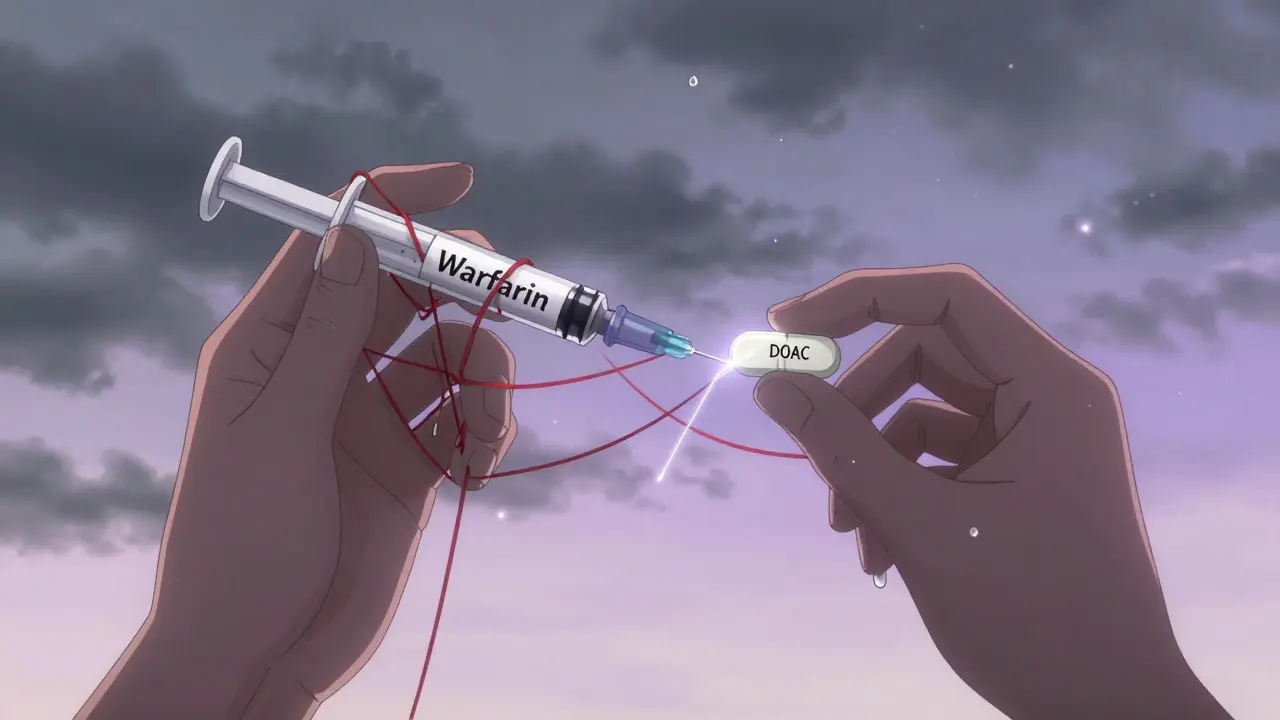 Two hands holding warfarin and DOAC pills, with tangled vs. clean lines representing clotting control.