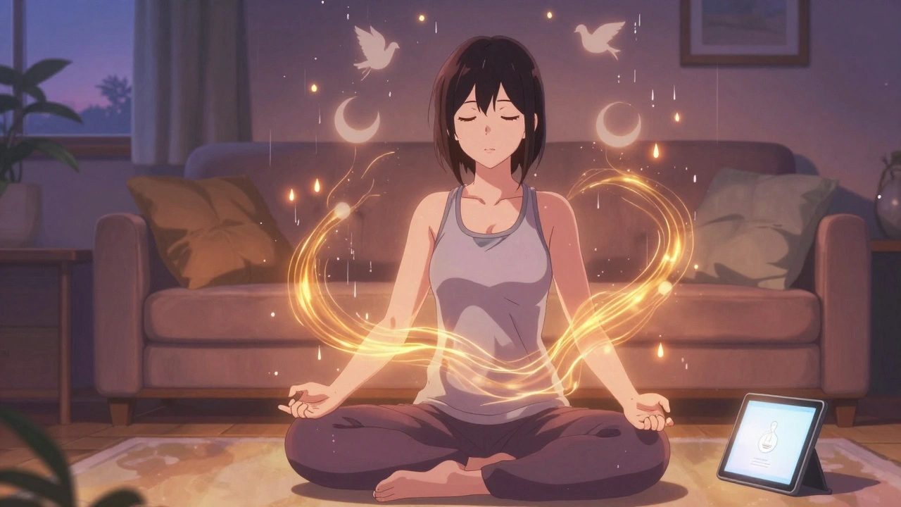 Woman practicing tai chi in a cozy room, golden energy threads flowing around her in calm twilight light.