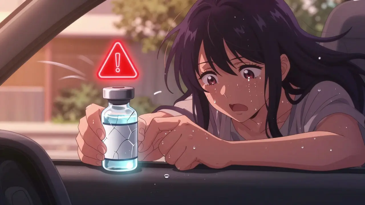 Woman rescuing biologic medication from a hot car, symbolic degradation glow visible.
