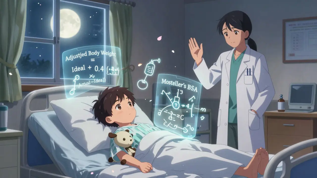 A child in bed surrounded by floating medical formulas, symbolizing safe, precise dosing.