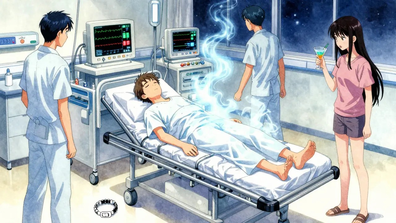 A diabetic patient unconscious in an ER, friends shocked beside them, medical team rushing to help.