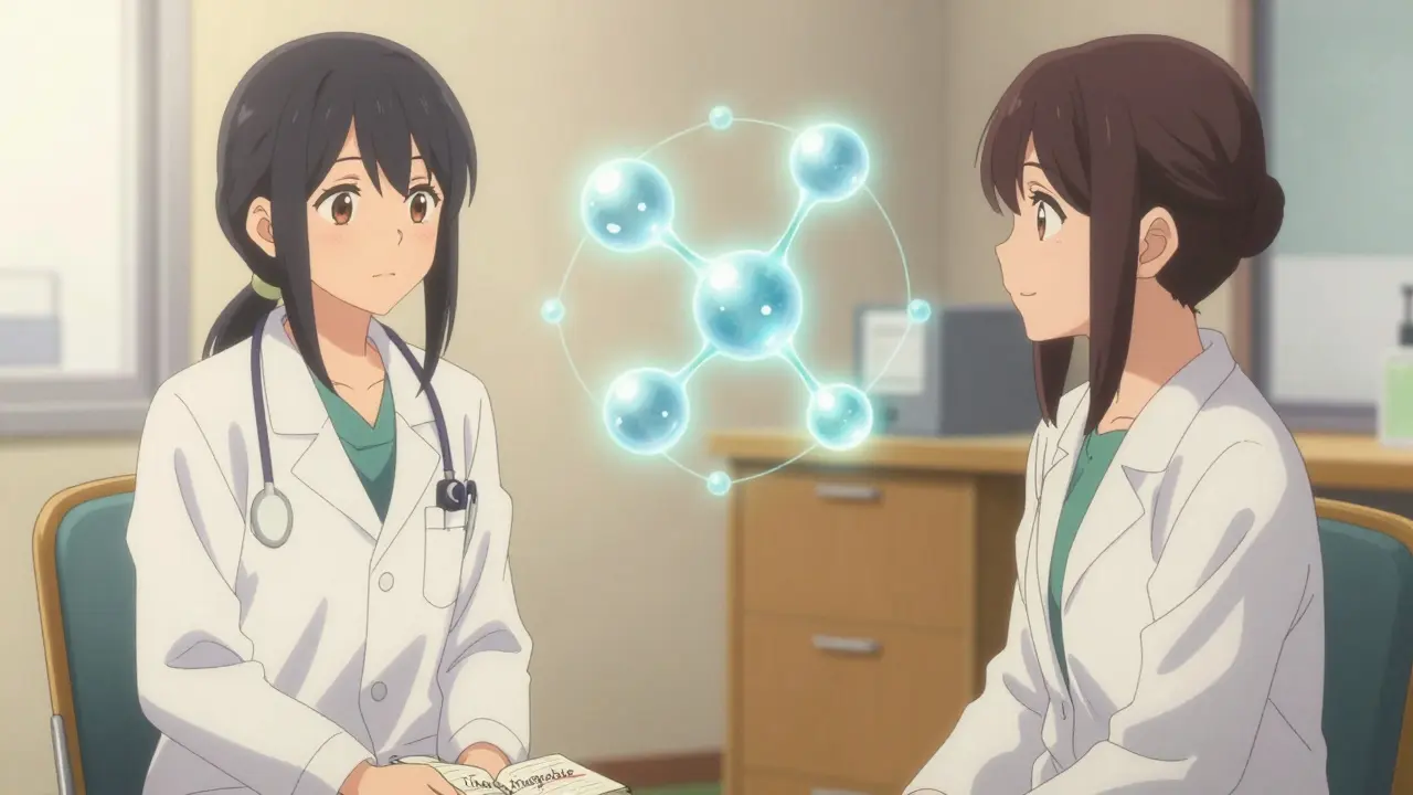 A doctor and patient discussing a biosimilar with glowing molecular structures floating between them.