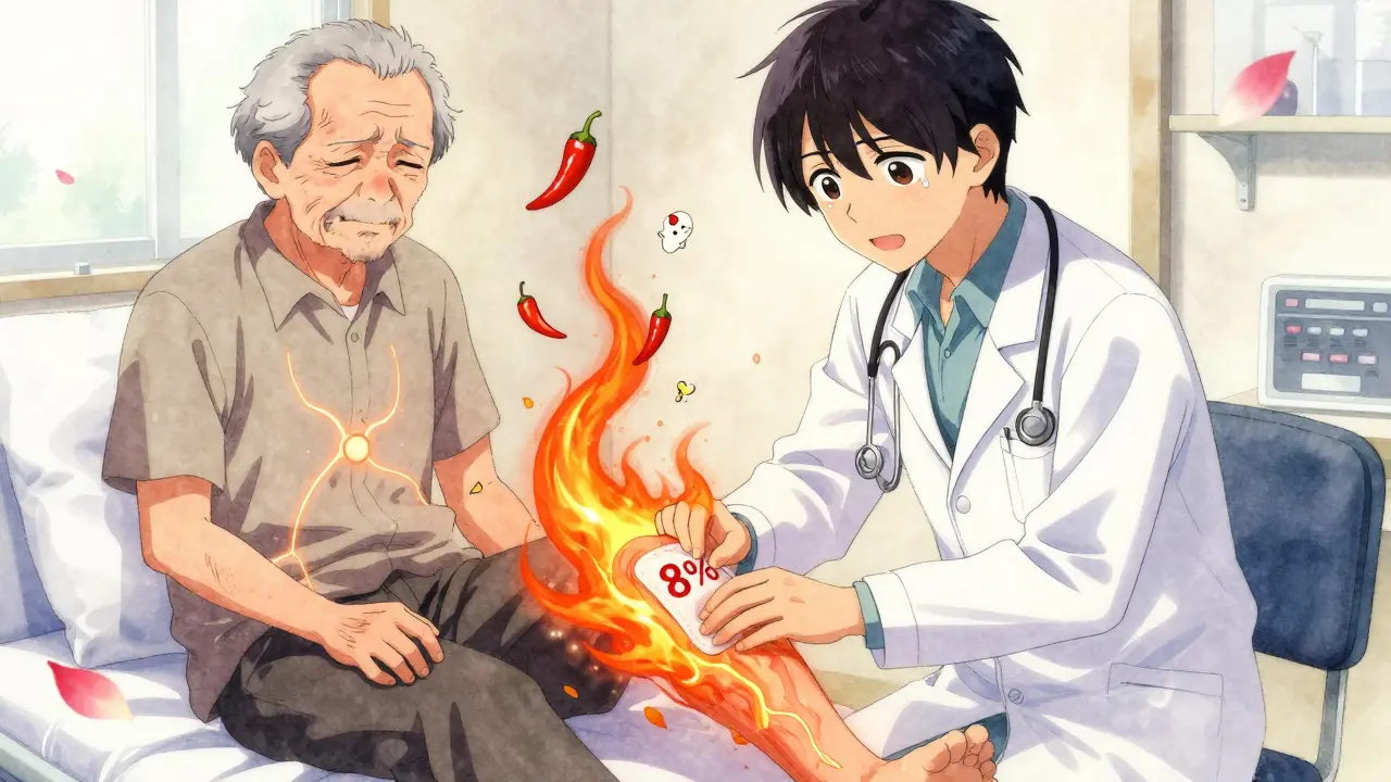 A doctor placing a capsaicin patch on an elderly patient as fiery energy dissolves pain signals.