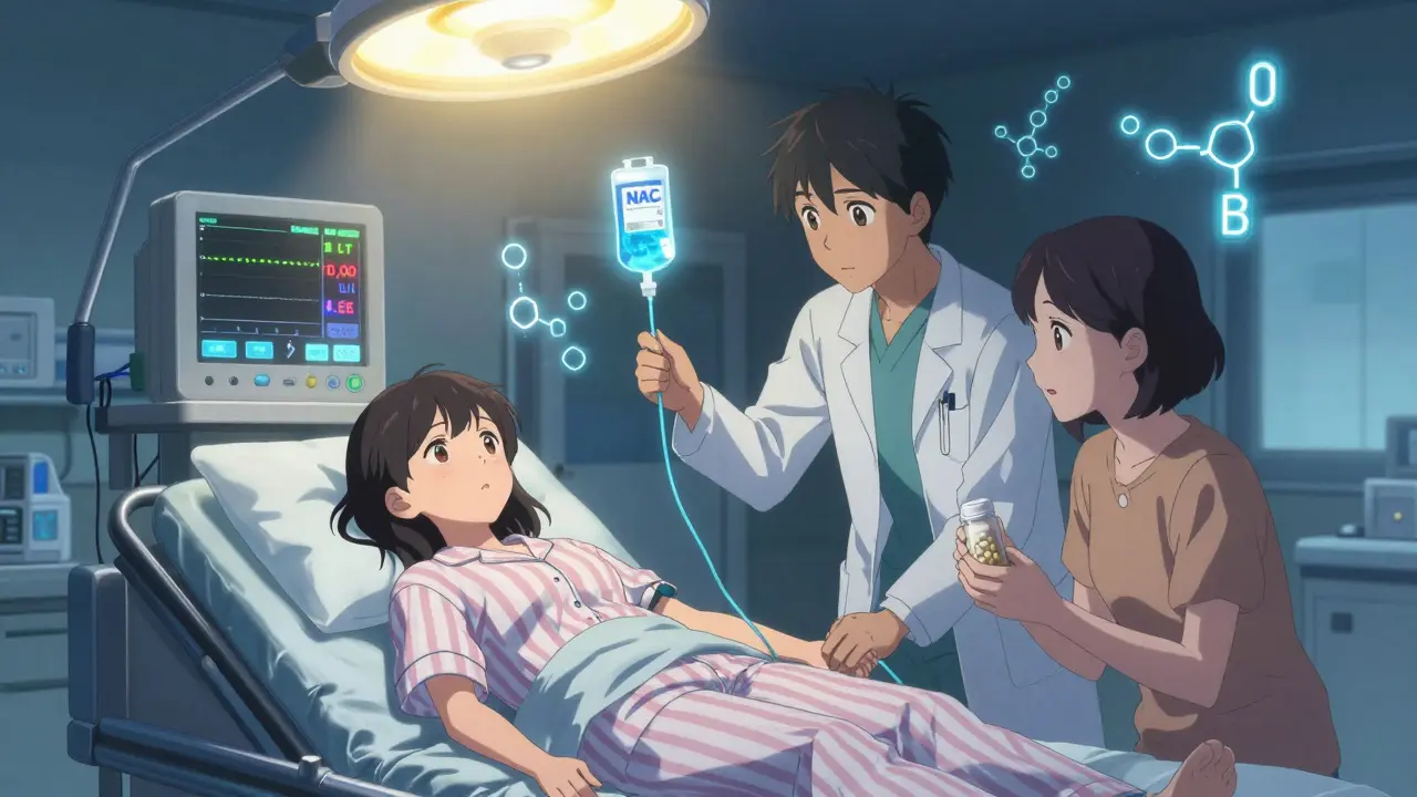 A girl being rushed on a gurney in an ER, a doctor administering NAC IV while family holds a pill bottle, glowing medical data floating in the air.