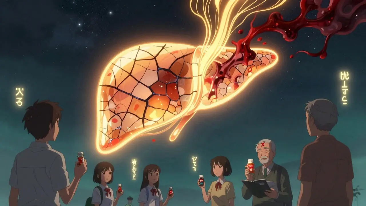 A glowing, healing liver in a starry sky with NAC threads dissolving toxins, people holding labeled pill bottles below, symbols of warning and recovery floating around.