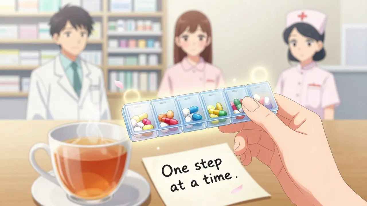 A hand holding a pill organizer beside tea and a note, with gentle guardian figures in the background.