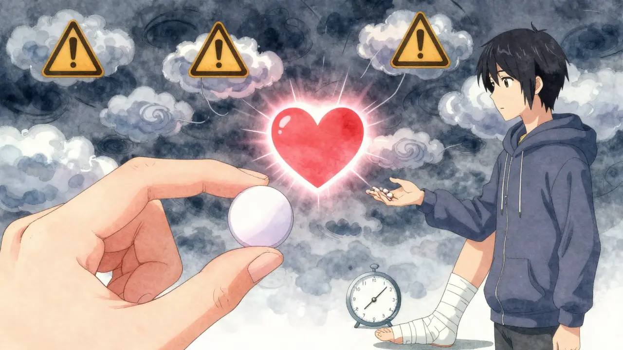 A hand holds aspirin against a stormy sky, heart glowing, while ibuprofen sits beside a sprained ankle.