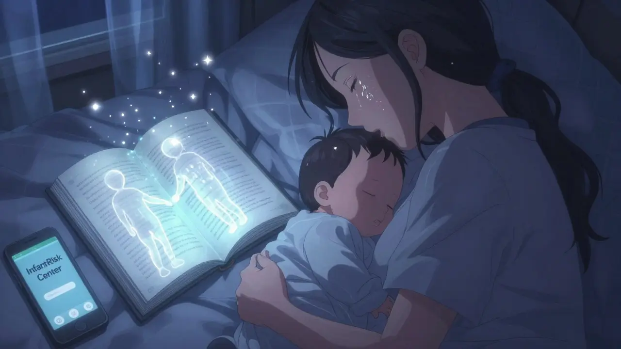 A mother holds her sleeping baby as glowing medication particles drift through breast milk, moonlight illuminating the scene.