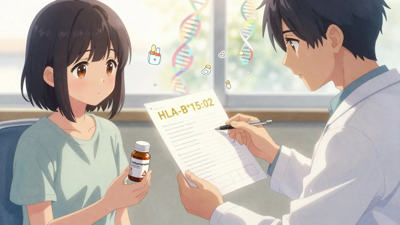 A patient holding a pill bottle while a doctor shows a genetic test report with glowing markers in soft sunlight.