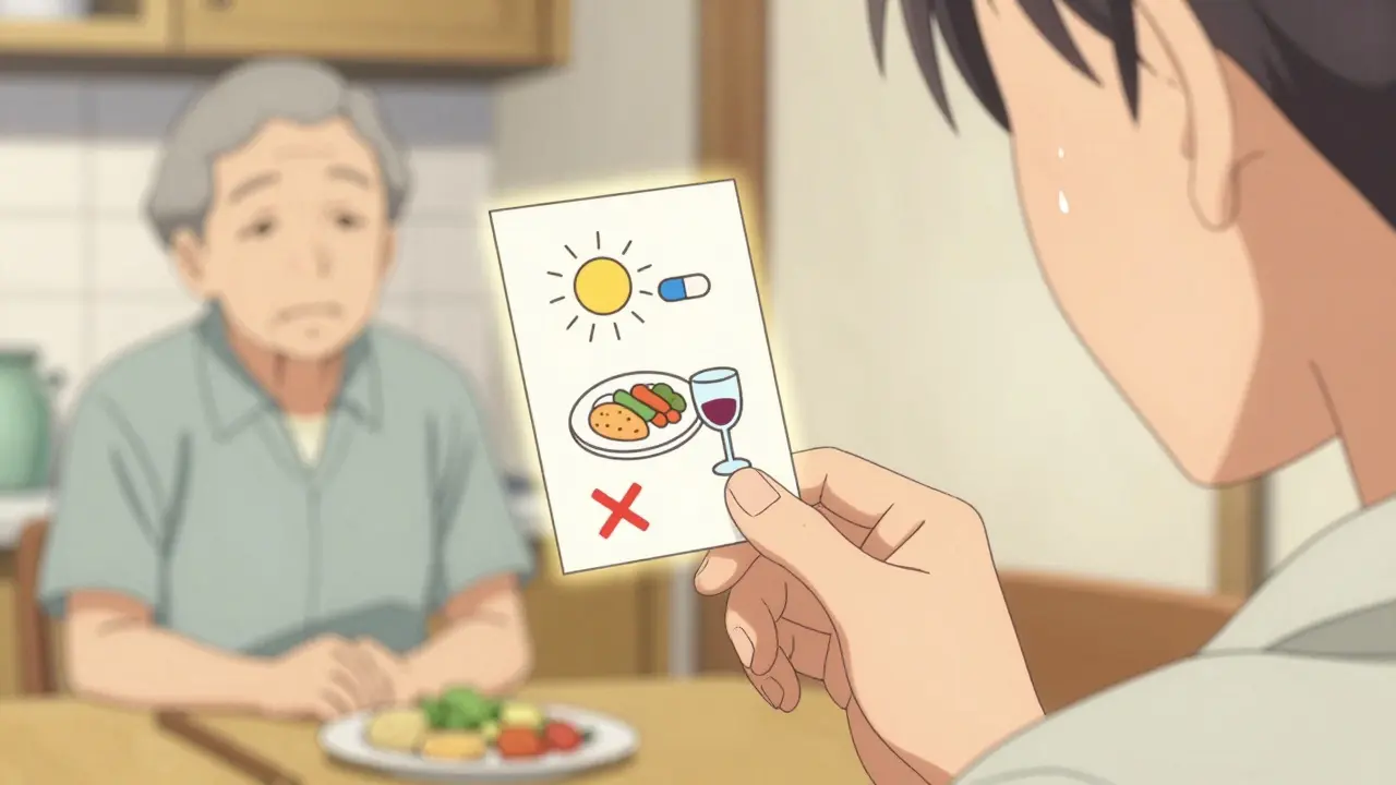 A patient holds a picture card with simple symbols for taking medicine with food and avoiding alcohol, tears of relief in their eyes.