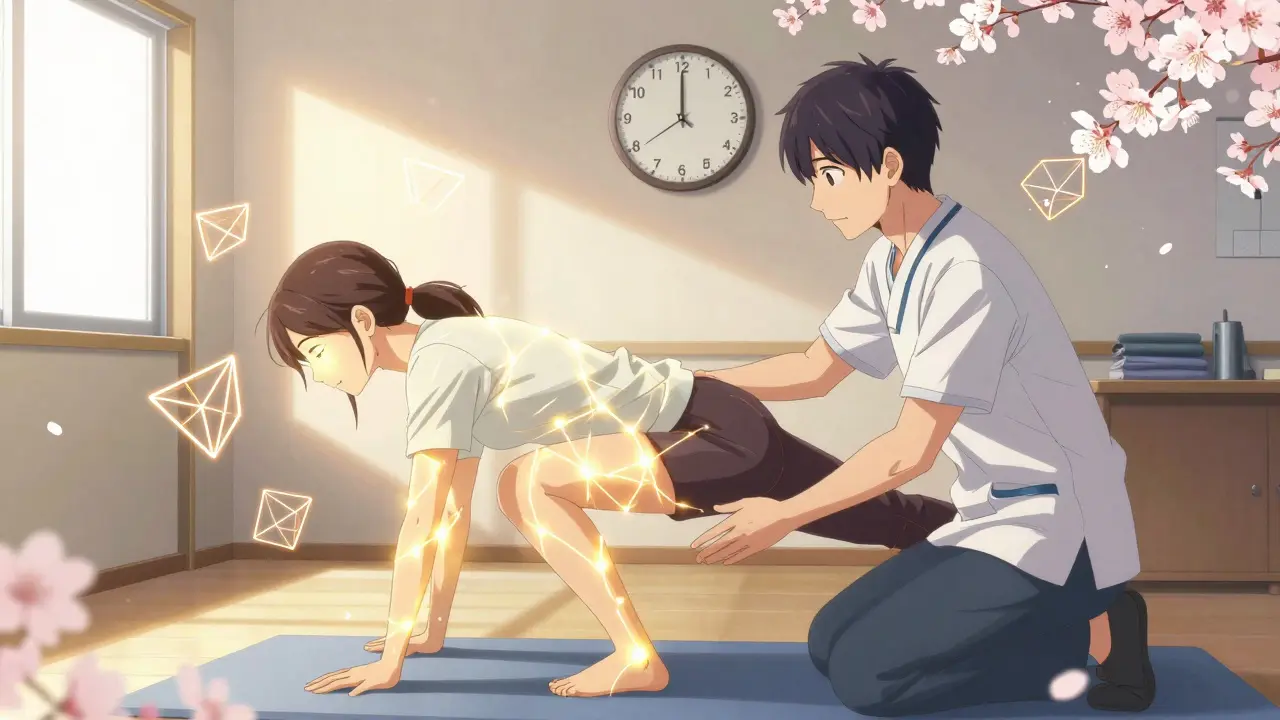 A patient performing vestibular rehab exercises with a therapist, glowing neural pathways and cherry blossoms symbolizing recovery.