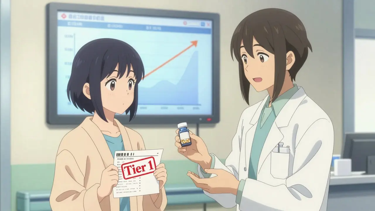 A patient receiving a low-cost generic prescription from a pharmacist in a hospital hallway.