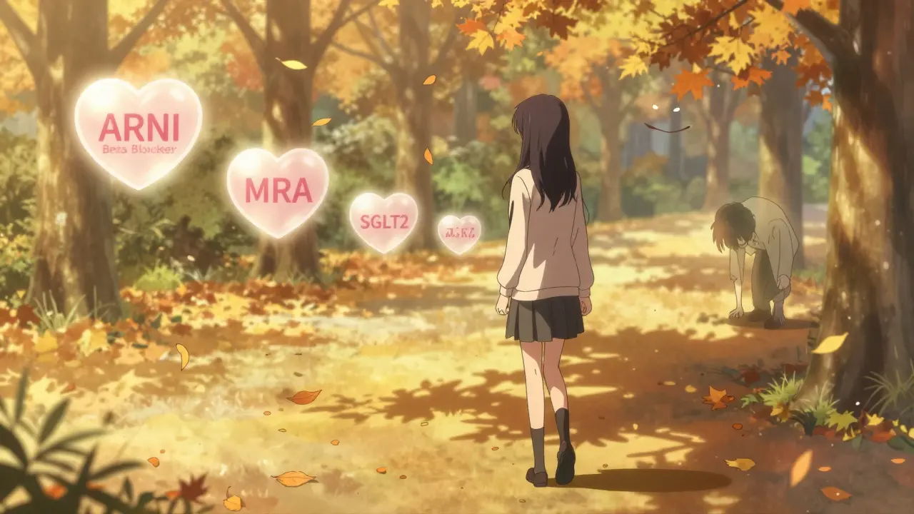 A person walking in a park, four translucent heart icons floating above as their past self fades away.