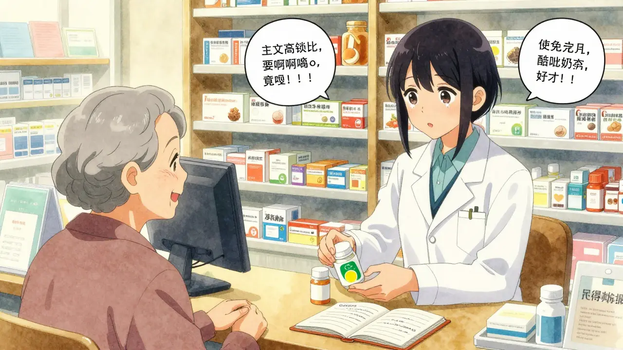 A pharmacist applies color-coded labels to medicine bottles for a patient in a warm, welcoming pharmacy.