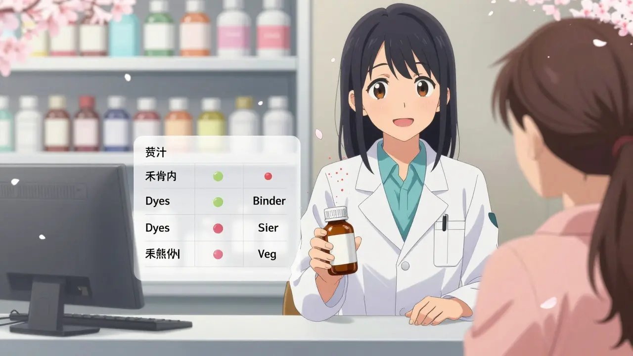 A pharmacist hands a patient a generic medication, with floating illustrations of ingredients dissolving gently around them.