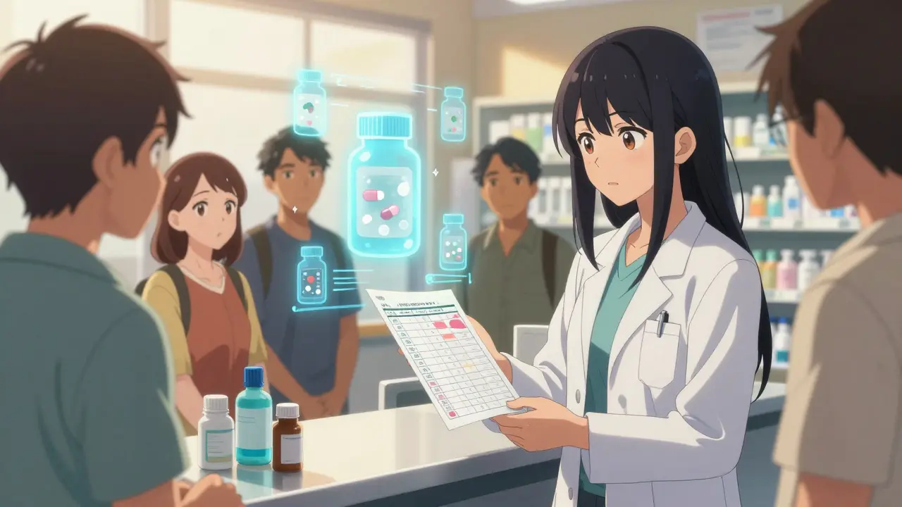 A pharmacist shares a printed pill schedule with patients as holographic health data floats gently in the background.