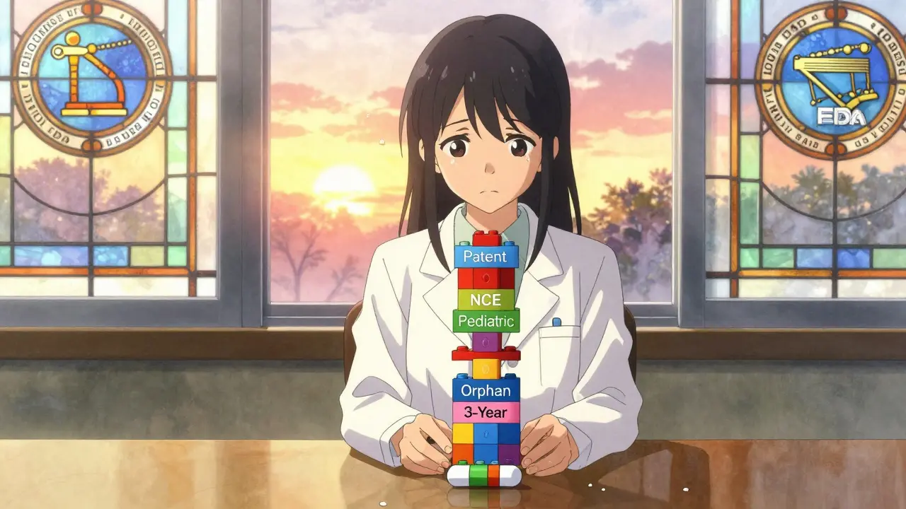 A scientist builds a LEGO-like tower of exclusivity blocks towering over a small generic pill.
