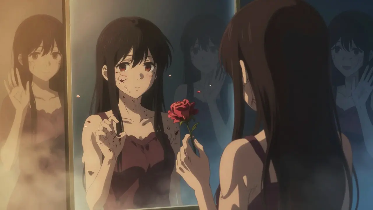 A survivor staring at her scarred reflection, ghostly versions of her past self fading behind her in a misty room.