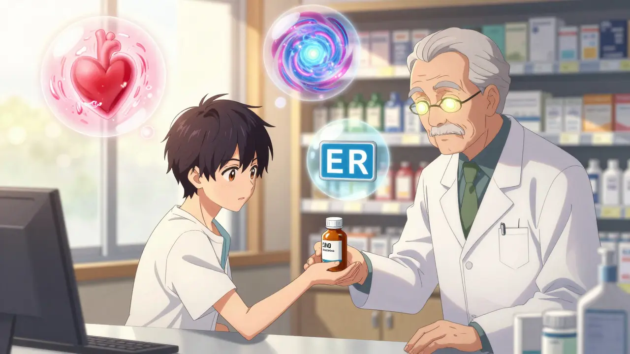 A teen reaching for cough medicine as a pharmacist gently stops them in a warm pharmacy.
