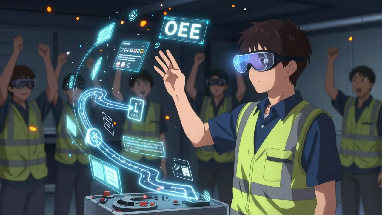 A worker uses AR goggles to follow floating digital assembly instructions in a bright workshop.