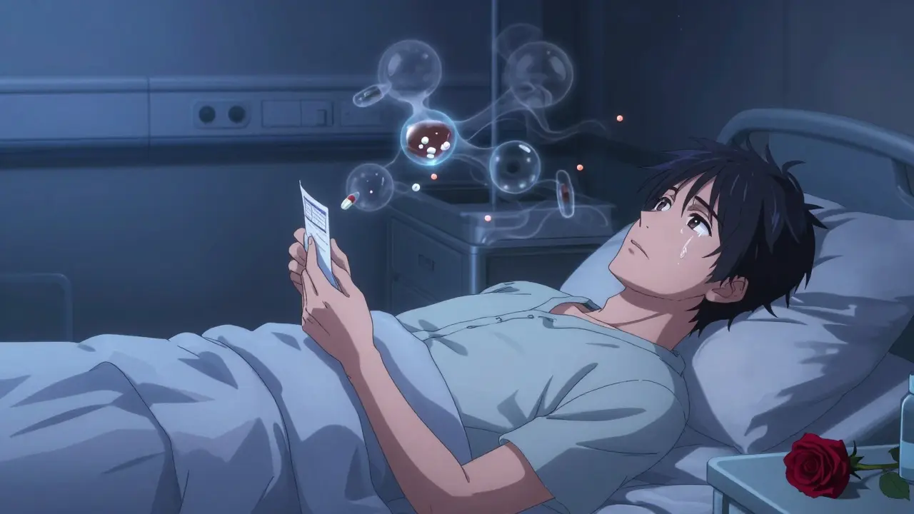 A young man in a hospital bed, opioid and alcohol spirits swirling above him as a wilting rose sits nearby.